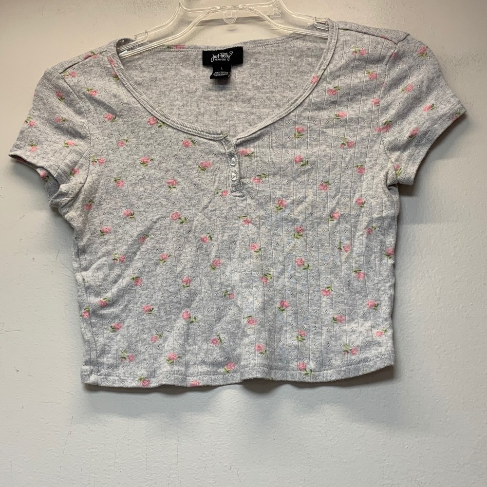 Just Polly Crop Top Womens Large Grey Pink Excellent Floral Henley Ribbed